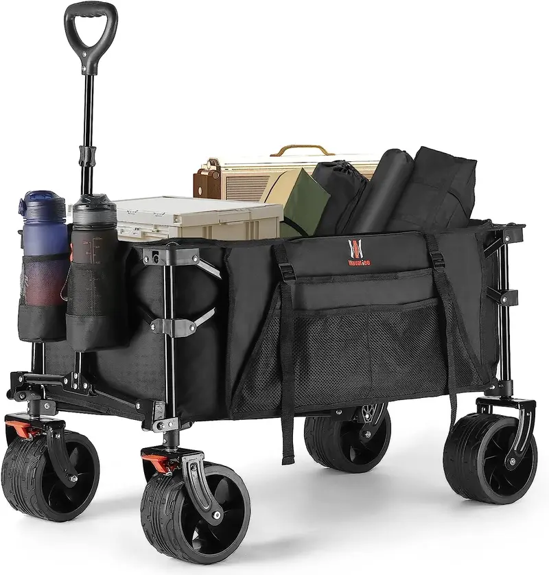 Navatiee Heavy-Duty Folding Wagon – Utility Cart with Brakes, Side Pocket & Large Wheels