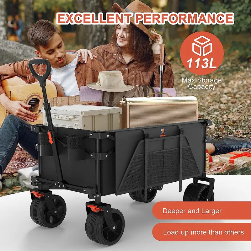 Navatiee Heavy-Duty Folding Wagon – Utility Cart with Brakes, Side Pocket & Large Wheels