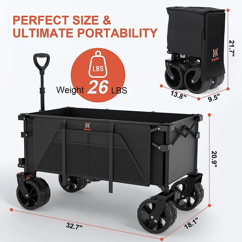 Navatiee Heavy-Duty Folding Wagon – Utility Cart with Brakes, Side Pocket & Large Wheels
