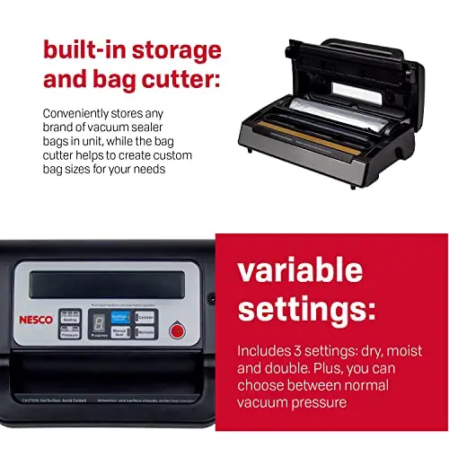 Nesco VS-12 Deluxe Vacuum Sealer – 130W Sealing Power with Transparent Lid & Starter Bag Roll