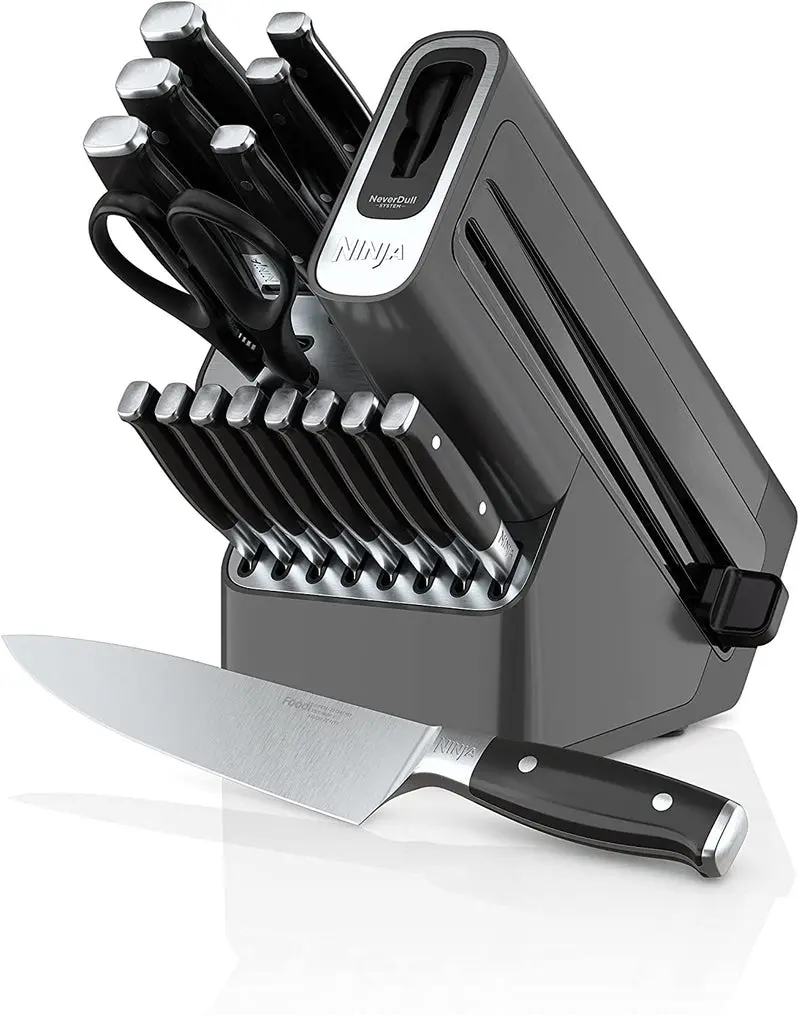 Ninja K32017 Foodi NeverDull 17-Piece Knife Block Set – Self-Sharpening Stand with Stainless Steel Blades and Black Acrylic Base