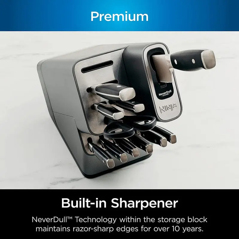 Ninja K32017 Foodi NeverDull 17-Piece Knife Block Set – Self-Sharpening Stand with Stainless Steel Blades and Black Acrylic Base