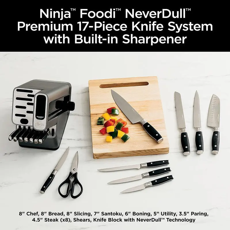 Ninja K32017 Foodi NeverDull 17-Piece Knife Block Set – Self-Sharpening Stand with Stainless Steel Blades and Black Acrylic Base