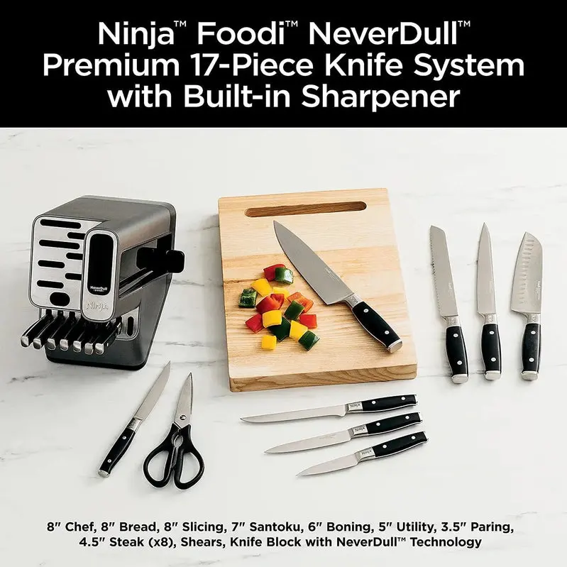 Ninja NeverDull Premium 17-Piece Knife System – Ergonomic Handles, Built-in Sharpener, Stainless Steel Blades with Black Matte Finish