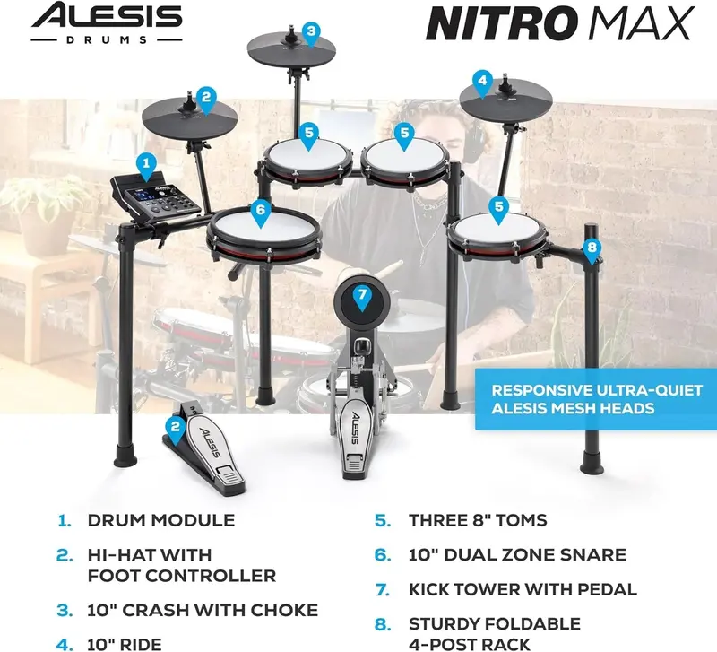 Nitro Max Bluetooth Electric Drum Kit with Mesh Heads & Studio-Grade Sound