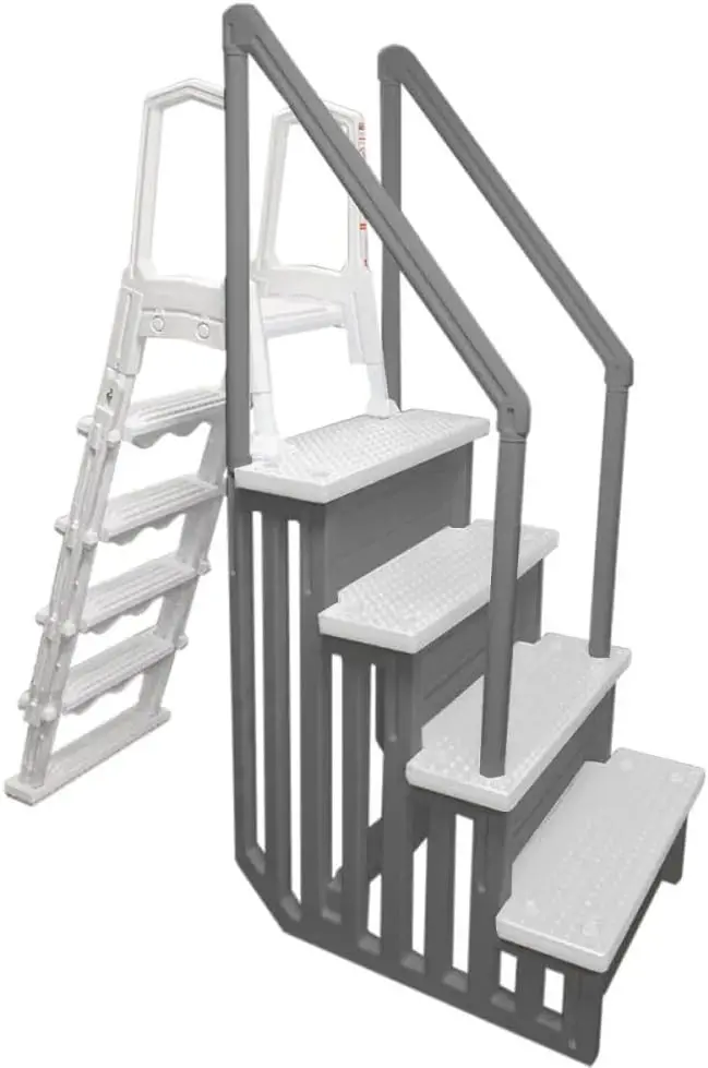 Non-Slip Adjustable Pool Steps for Above-Ground Pools – Gray Safety Stairs Designed for Decks 48 to 54 Inches Tall