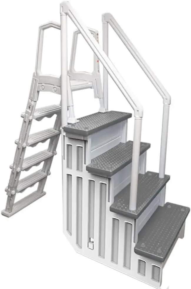 Non-Slip Adjustable Pool Steps for Above-Ground Pools – Gray Safety Stairs Designed for Decks 48 to 54 Inches Tall