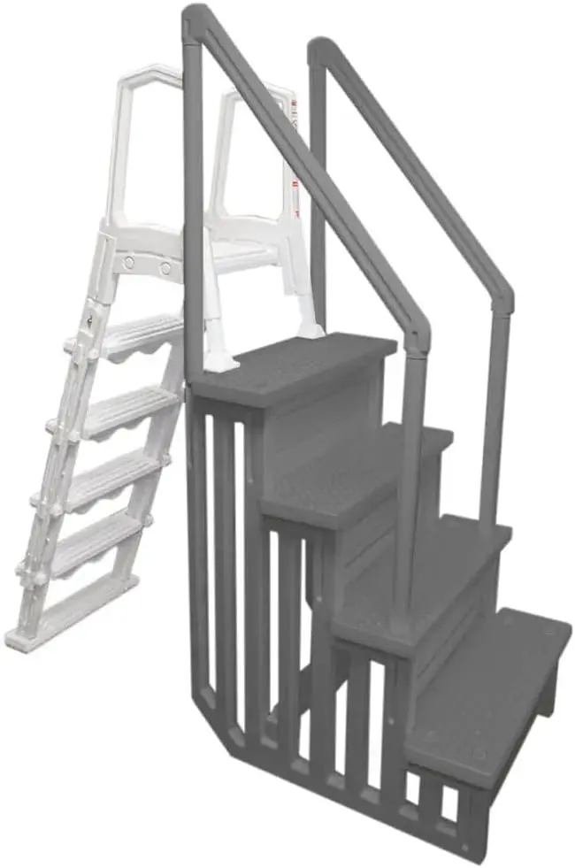 Non-Slip Adjustable Pool Steps for Above-Ground Pools – Gray Safety Stairs Designed for Decks 48 to 54 Inches Tall