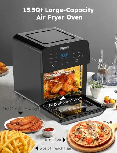 Nuwave Brio X-Large Air Fryer Oven – 15.5 Qt Capacity with Rotisserie & Grill Accessories, 1800W Smart Cooking, Black Finish