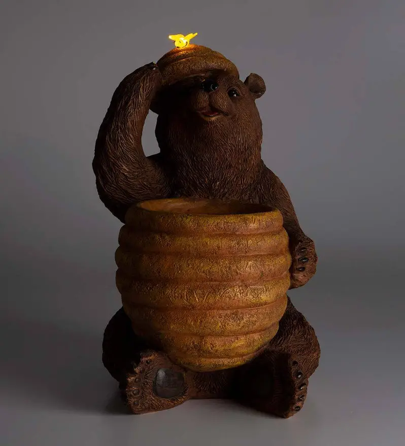 Oh Honey Solar Birdbath Fountain – Decorative Bear & Beehive Design with Eco-Friendly Power