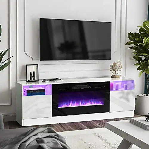 Oneinmil White Electric Fireplace TV Stand – 36-Inch LED Flame Effect & Media Console