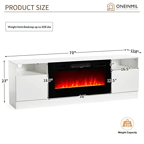Oneinmil White Electric Fireplace TV Stand – 36-Inch LED Flame Effect & Media Console