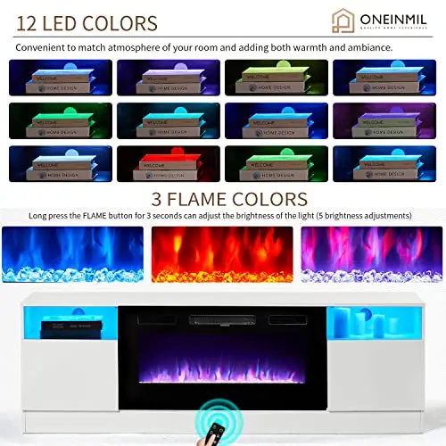 Oneinmil White Electric Fireplace TV Stand – 36-Inch LED Flame Effect & Media Console