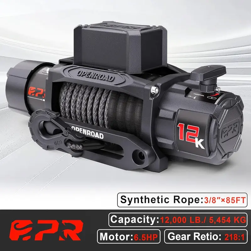OPENROAD 12,000-Lb Capacity Electric Winch – Synthetic Rope Spool with Dual Wireless Remote Controls