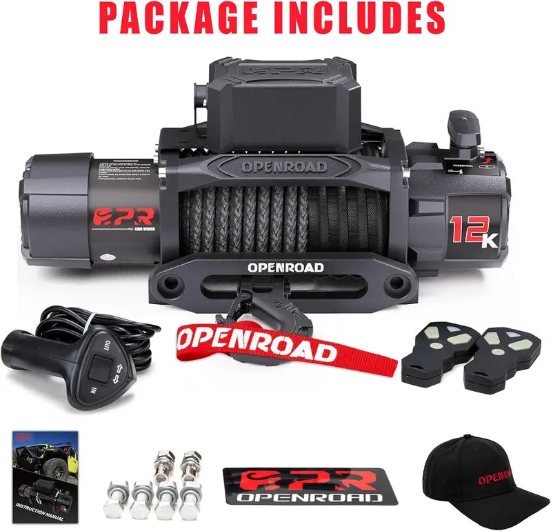 OPENROAD 12,000-Lb Capacity Electric Winch – Synthetic Rope Spool with Dual Wireless Remote Controls