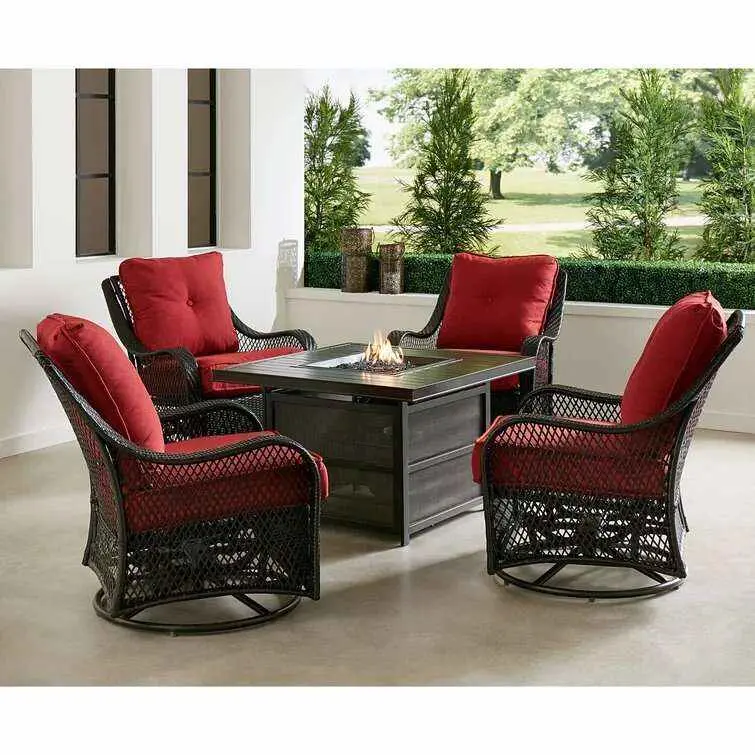 Orleans 5-Piece Steel Patio Fire Pit Set – Square Table Design with Swivel Glider Chairs and Navy All-Weather Cushions