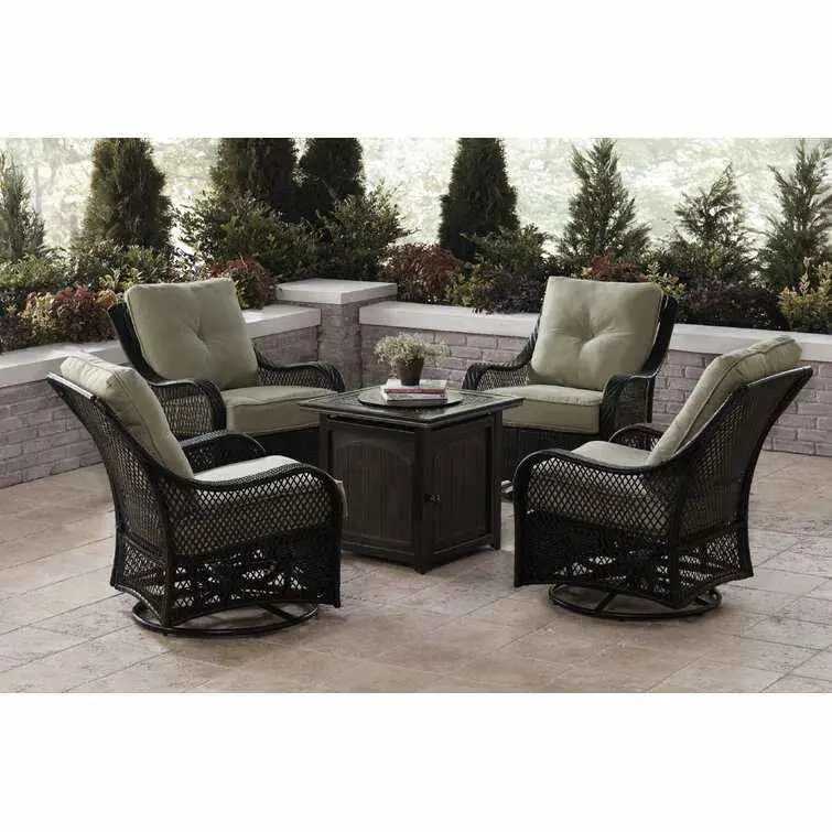 Orleans 5-Piece Steel Patio Fire Pit Set – Square Table Design with Swivel Glider Chairs and Navy All-Weather Cushions