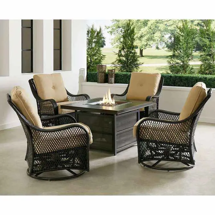 Orleans 5-Piece Steel Patio Fire Pit Set – Square Table Design with Swivel Glider Chairs and Navy All-Weather Cushions