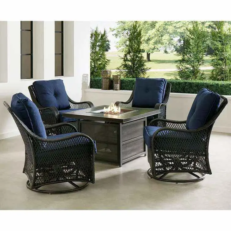 Orleans 5-Piece Steel Patio Fire Pit Set – Square Table Design with Swivel Glider Chairs and Navy All-Weather Cushions