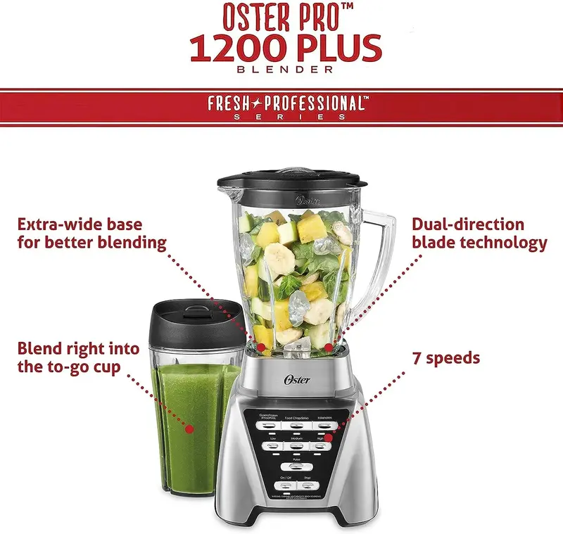 Oster Pro 1200 Blender – Glass Pitcher & 24-Oz Travel Cup Included, Brushed Nickel Finish