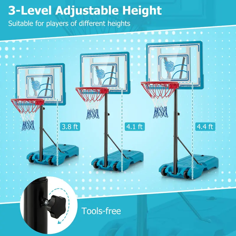 Outdoor Poolside Basketball Goal – Height-Adjustable Hoop (3.8–4.4 FT) for Backyard Play