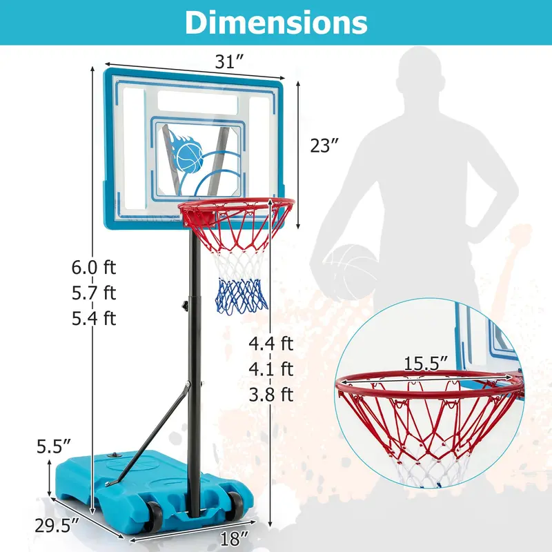 Outdoor Poolside Basketball Goal – Height-Adjustable Hoop (3.8–4.4 FT) for Backyard Play