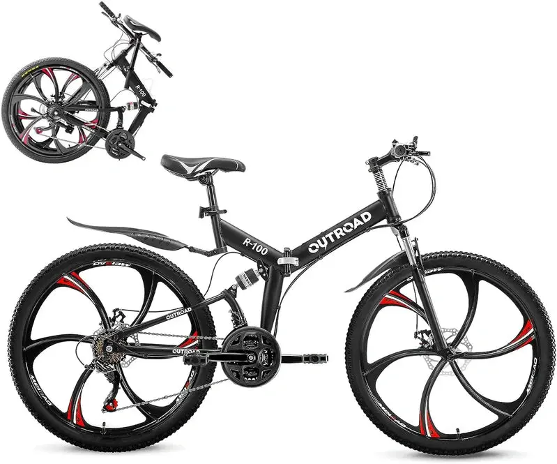 Outroad 26-Inch Folding Mountain Bike – 21-Speed Dual-Suspension Adult Bike with Space-Saving Fold