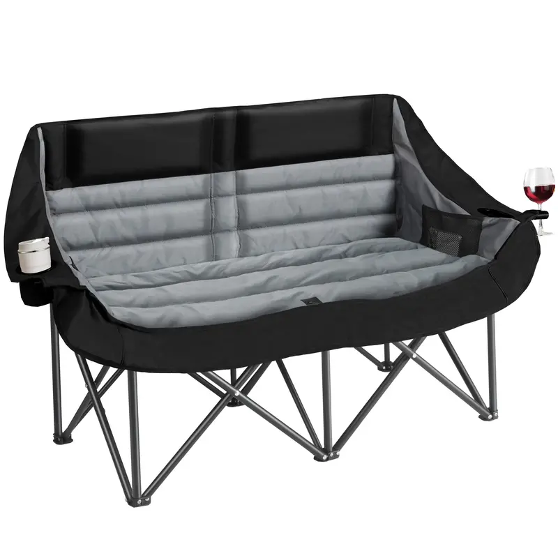 Padded Dual-Seat Folding Loveseat – Outdoor-Compatible Camping Chair for Two with Cup Holders and 660-Lb Support Frame