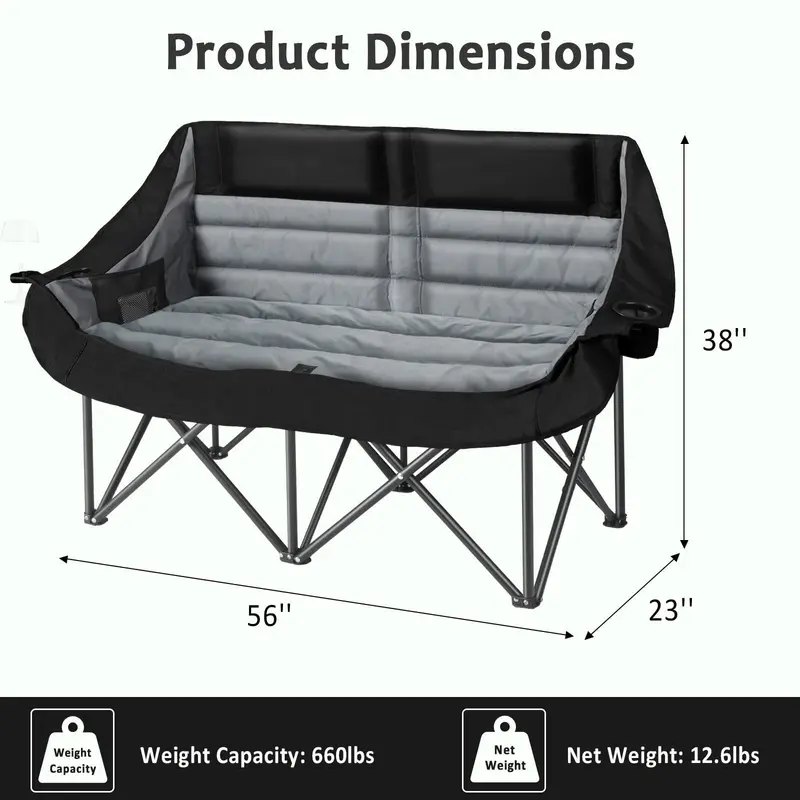 Padded Dual-Seat Folding Loveseat – Outdoor-Compatible Camping Chair for Two with Cup Holders and 660-Lb Support Frame