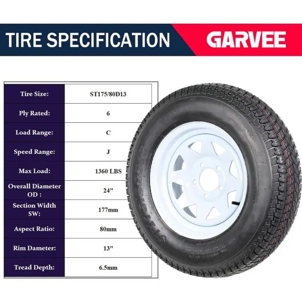 Pair of 175/80-13 White Spoke Trailer Wheels with 5-Lug Bolt Pattern and Load Range C Tires