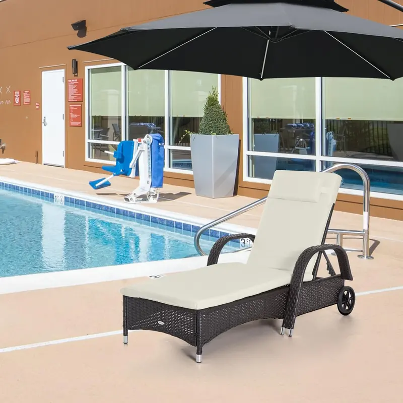 PE Rattan Outdoor Chaise Lounge – 5-Position Adjustable Backrest, Headrest, Castor Wheels, Cushion, and Two-Tone Brown & Dark Blue Design 2