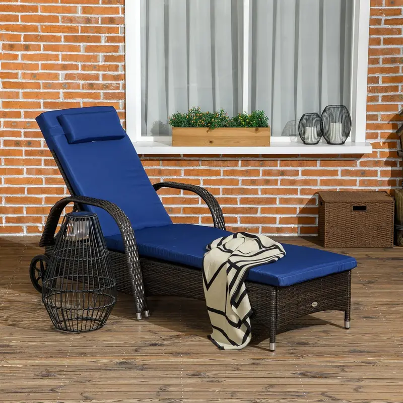 PE Rattan Outdoor Chaise Lounge – 5-Position Adjustable Backrest, Headrest, Castor Wheels, Cushion, and Two-Tone Brown & Dark Blue Design