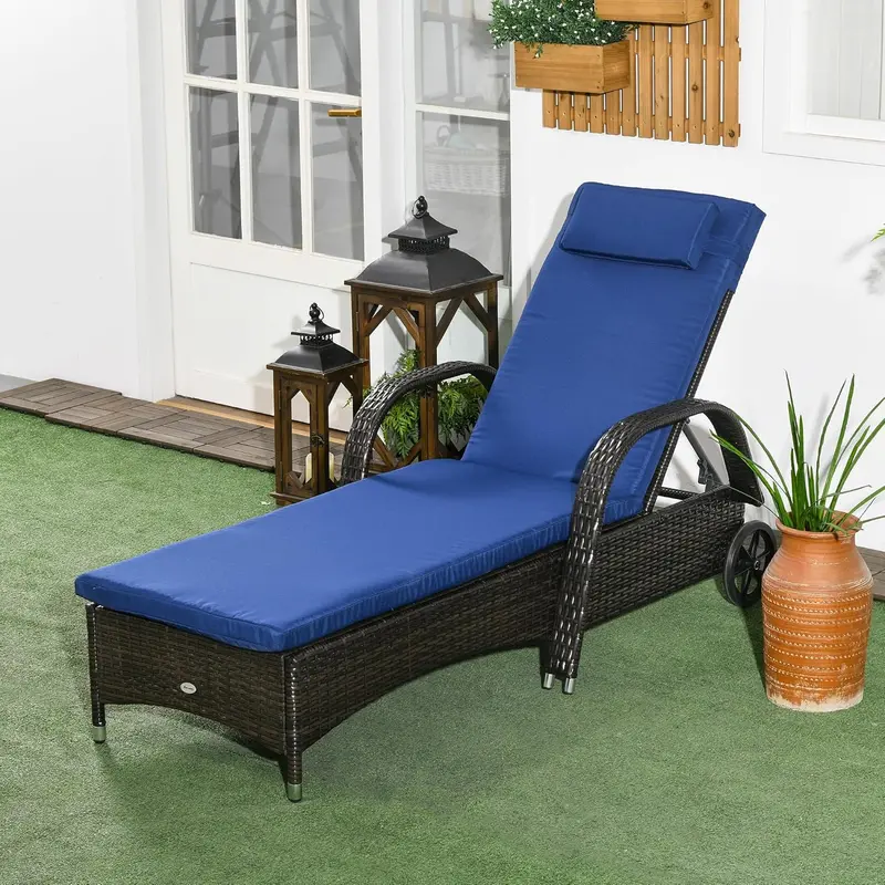 PE Rattan Outdoor Chaise Lounge – 5-Position Adjustable Backrest, Headrest, Castor Wheels, Cushion, and Two-Tone Brown & Dark Blue Design