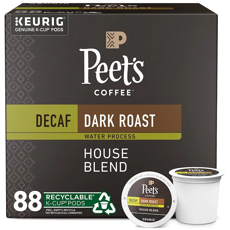 Peet’s Decaf House Blend Dark Roast K-Cup Pods – 88-Pack (4 Boxes × 22), USDA Organic Certified