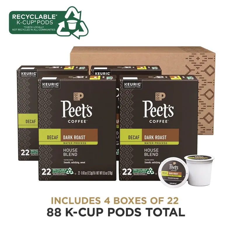 Peet’s Decaf House Blend Dark Roast K-Cup Pods – 88-Pack (4 Boxes × 22), USDA Organic Certified