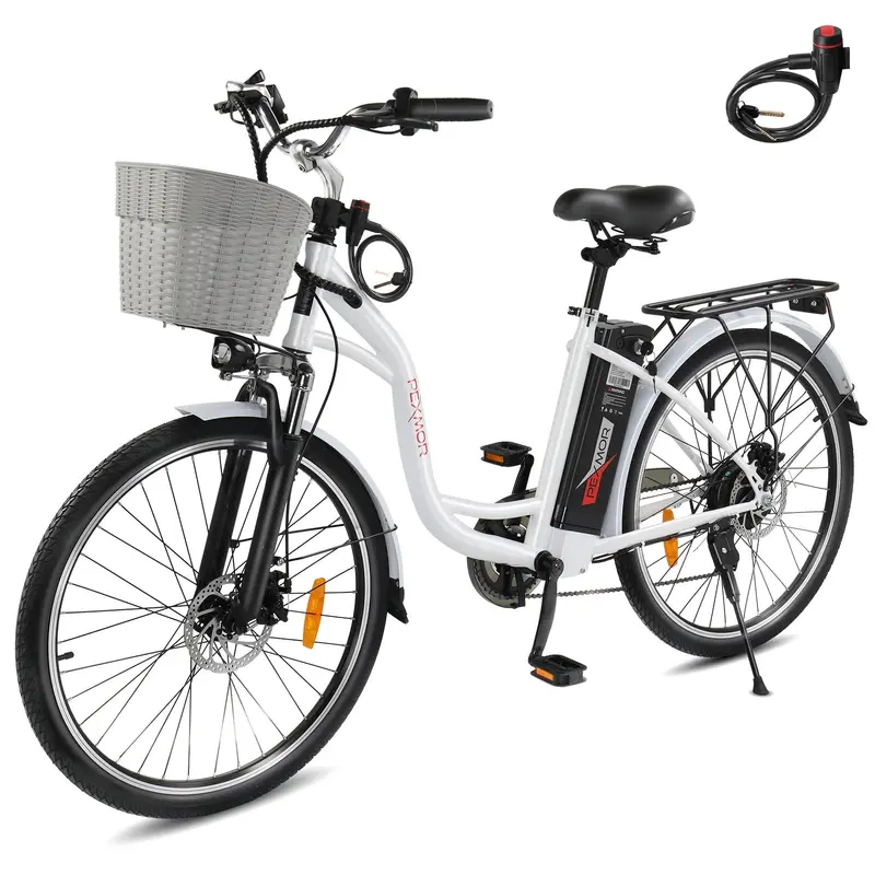 PEXMOR 350W Electric Cruiser Bike – 26-Inch Adult Ebike with Shimano 6-Speed & Dual Suspension