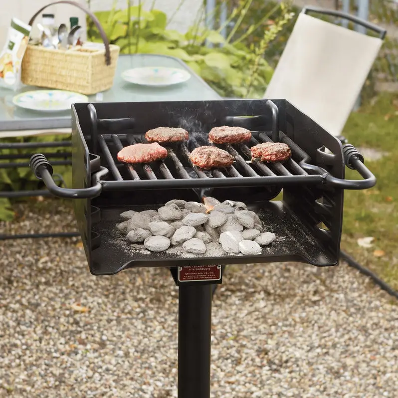 Pilot Rock Park-Style Charcoal Grill – Outdoor BBQ with Steel Post Mounting System (Black Finish)