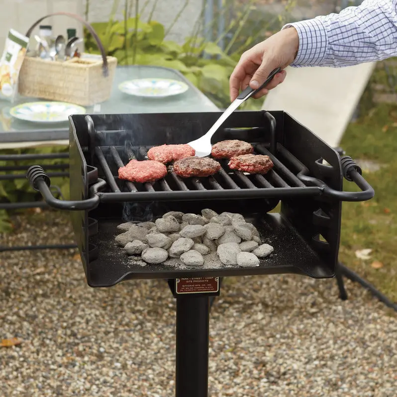 Pilot Rock Park-Style Charcoal Grill – Outdoor BBQ with Steel Post Mounting System (Black Finish)