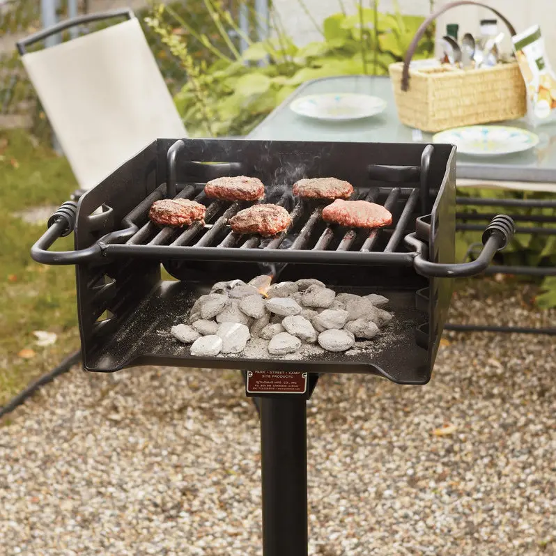 Pilot Rock Park-Style Charcoal Grill – Outdoor BBQ with Steel Post Mounting System (Black Finish)