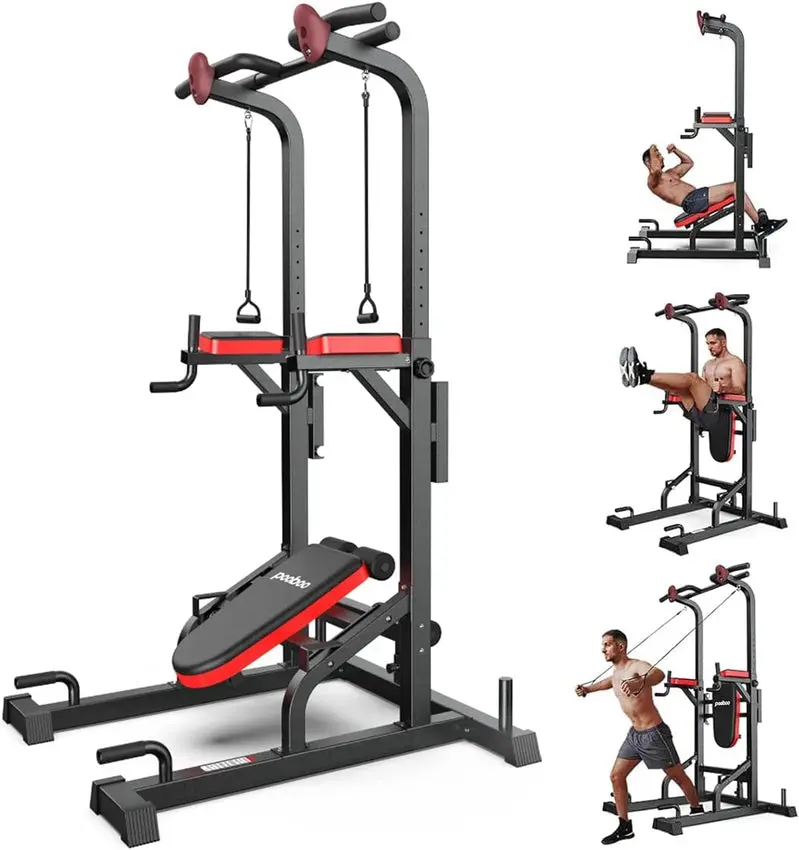 Pooboo Power Tower Home Gym – Dip Station, Pull-Up Bar, and Adjustable Supine Bench