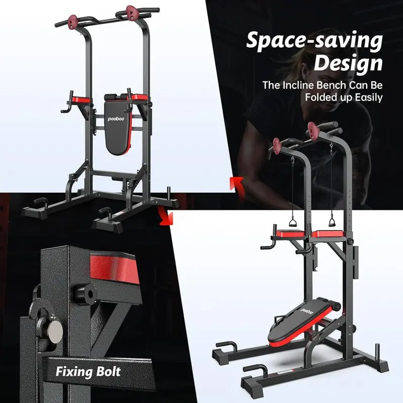 Pooboo Power Tower Home Gym – Dip Station, Pull-Up Bar, and Adjustable Supine Bench
