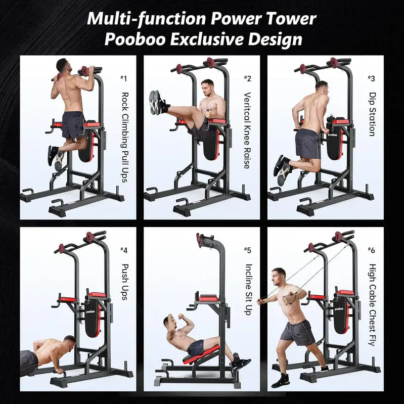 Pooboo Power Tower Home Gym – Dip Station, Pull-Up Bar, and Adjustable Supine Bench