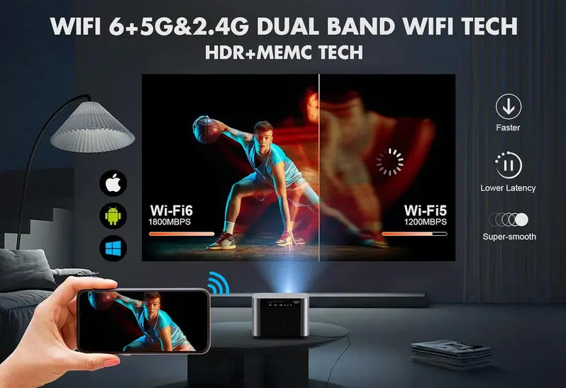 Portable 5G WiFi & Bluetooth Projector – 800 ANSI Lumens Home Theater Display with Compact Design
