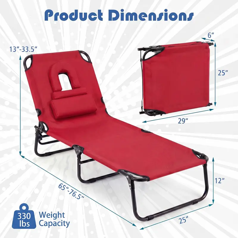 Portable Foldable Tanning Chair – Beach or Poolside Lounge with Adjustable Face Opening