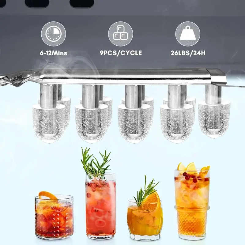 Portable Ice Maker – Produces 9 Cubes in 6 Minutes; 26.5 lbs/Day Output with Dual Ice Modes