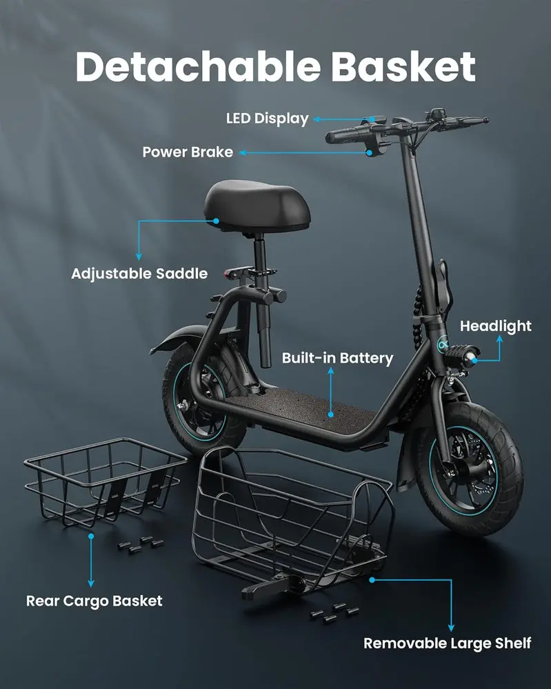 Practical Cargo-Capable Electric Scooter – 550W Motor, Integrated Front Basket, Ideal for Groceries & Errands