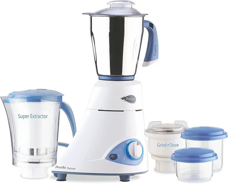 Preethi Blue Leaf Platinum 550W Mixer Grinder – Premium Stainless Steel Blades, Three-Jar Configuration for Dry/Wet Grinding & Chopping