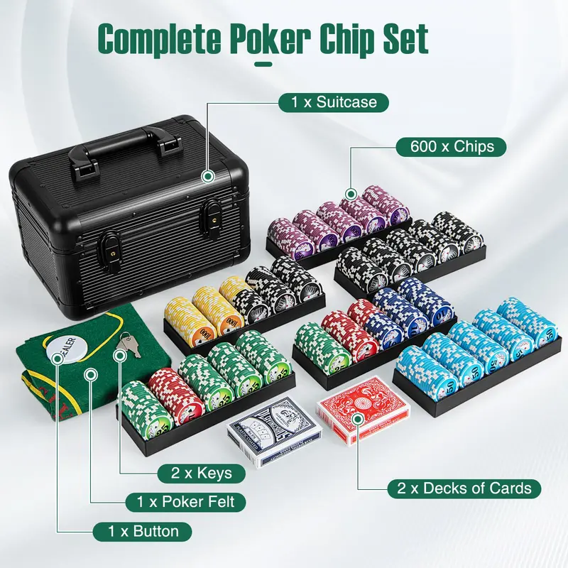 Premium 600-Piece Casino Poker Chip Collection — Includes Cards, Dealer Button, and Storage