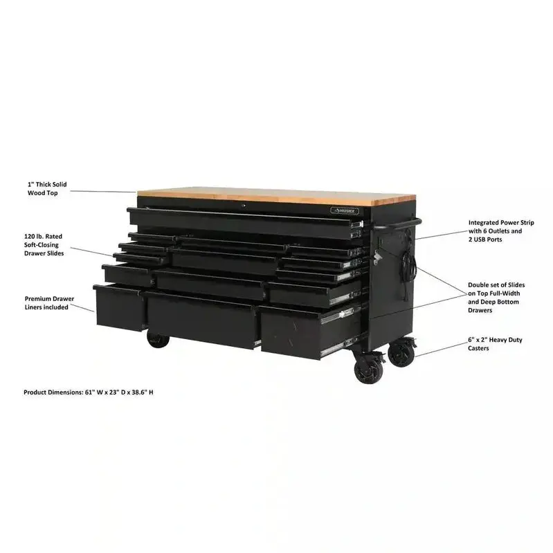 Premium 61" Workshop Workbench – Heavy-Duty 15-Drawer Mobile Unit with Solid Wood Worktop