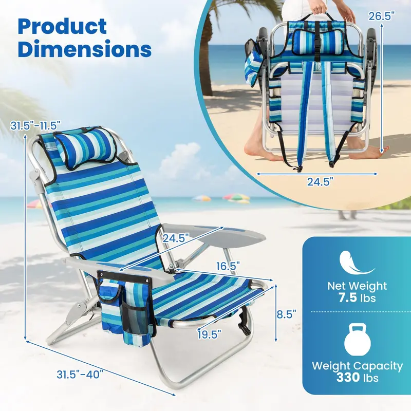 Premium Folding Backpack Chair – Supports Up to 330 lbs, Four Recline Angles & Adjustable Headrest